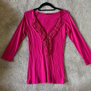 Velvet (brand) Pink V-Neck Cotton Blouse w/ Silk Ruffle Detail, Size Small